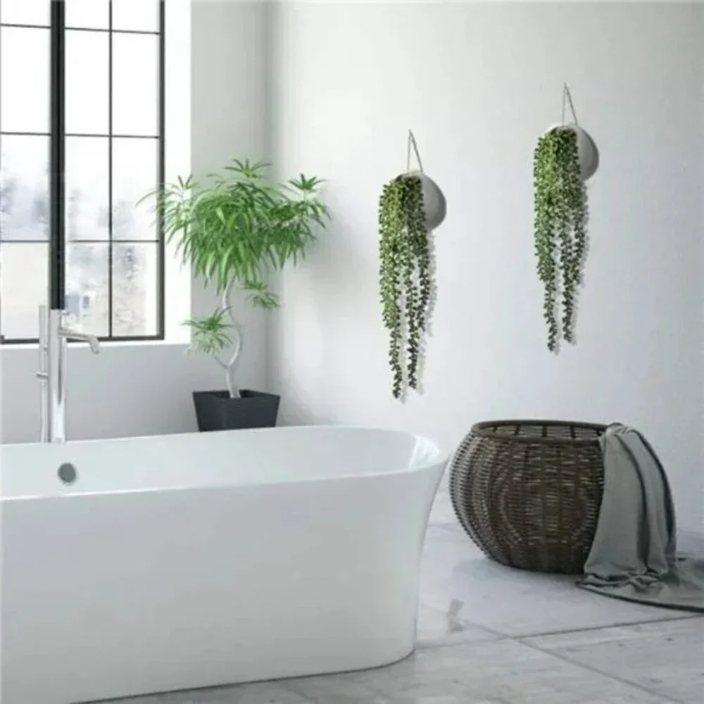 2 Artificial Succulents Hanging Plants Fake String of Pearls in White Ceramic